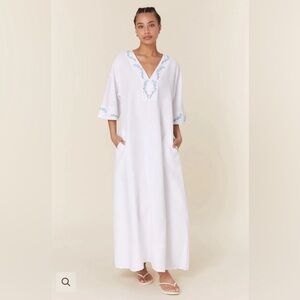 Fanm Mon White Maxi Dress with Blue Embroidery